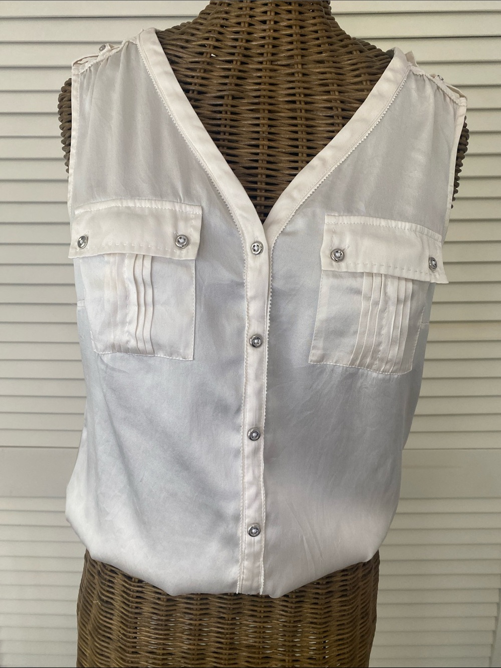 White House Black Market Satin-Look Sleeveless V-Neck Pocket Blouse — White